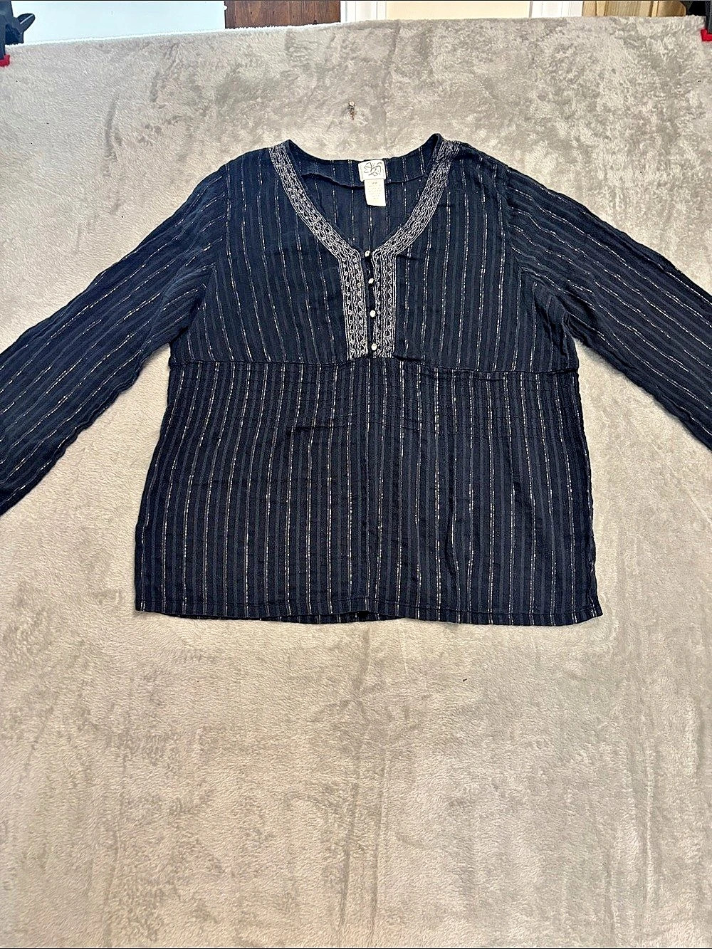 India Striped Embroidered Tunic in Black Large